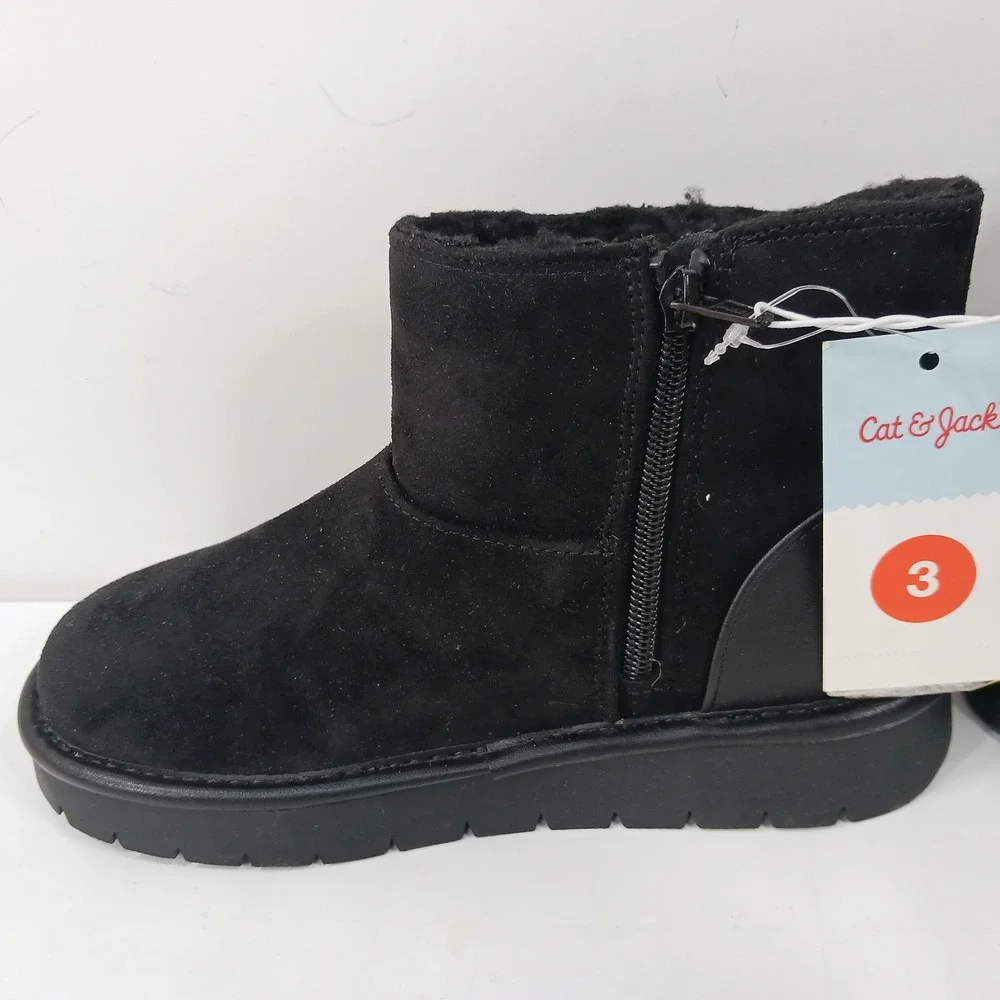Cat & Jack Honor Girls Black Faux Suede Faux Fur Lined Winter Boots Size 3 NEW